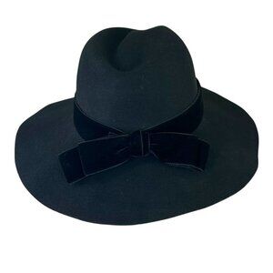Sensi Studio - Women’s Felted Wool Fedora Hat, Velvet Band, Bow - Black, Large